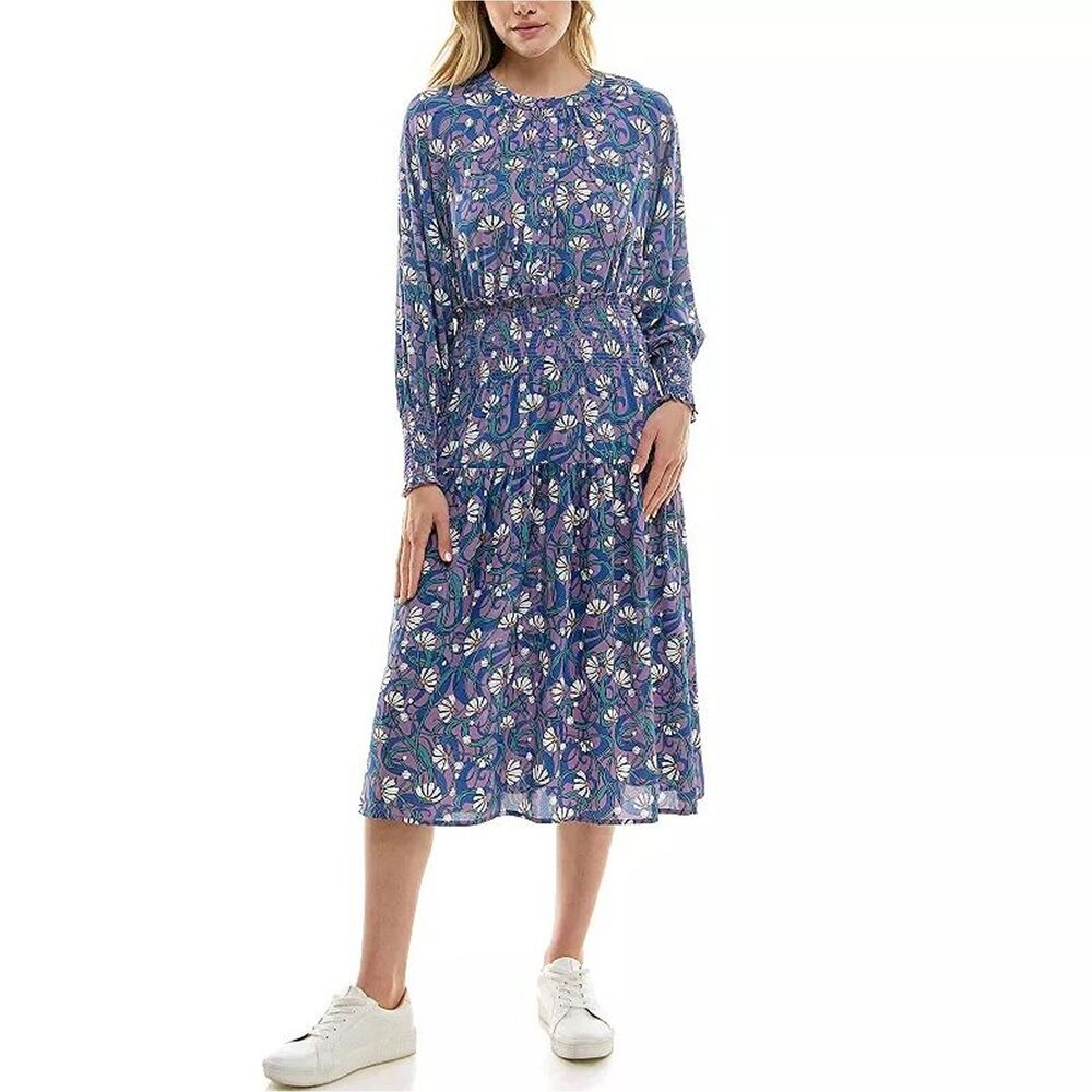 Nicole Miller Floral Midi Dress Size S Smocked Tiered Cottage Milkmaid Purple